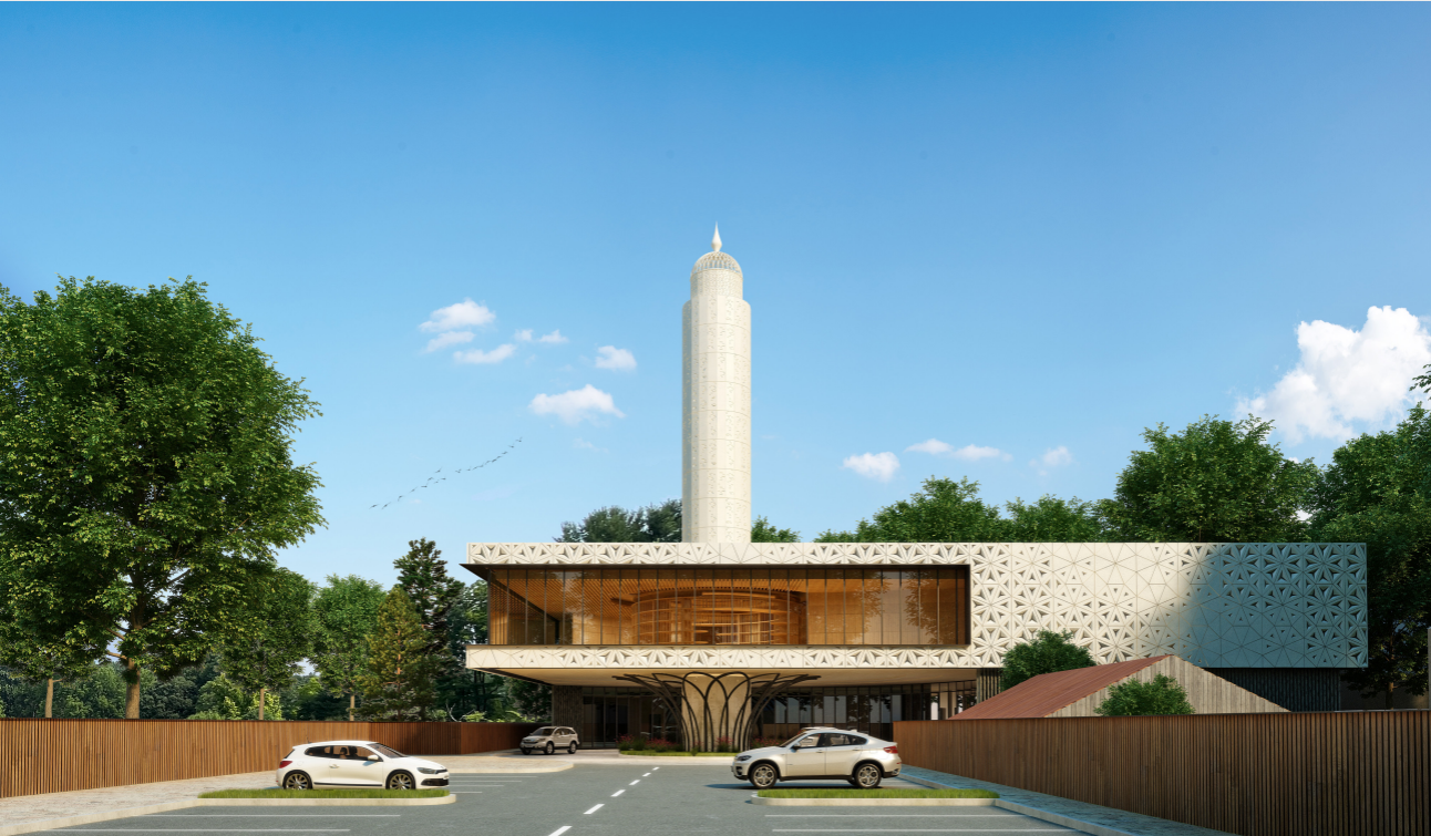 Exterior rendering of the future Masjid As-Salaam expansion, front entrance approach